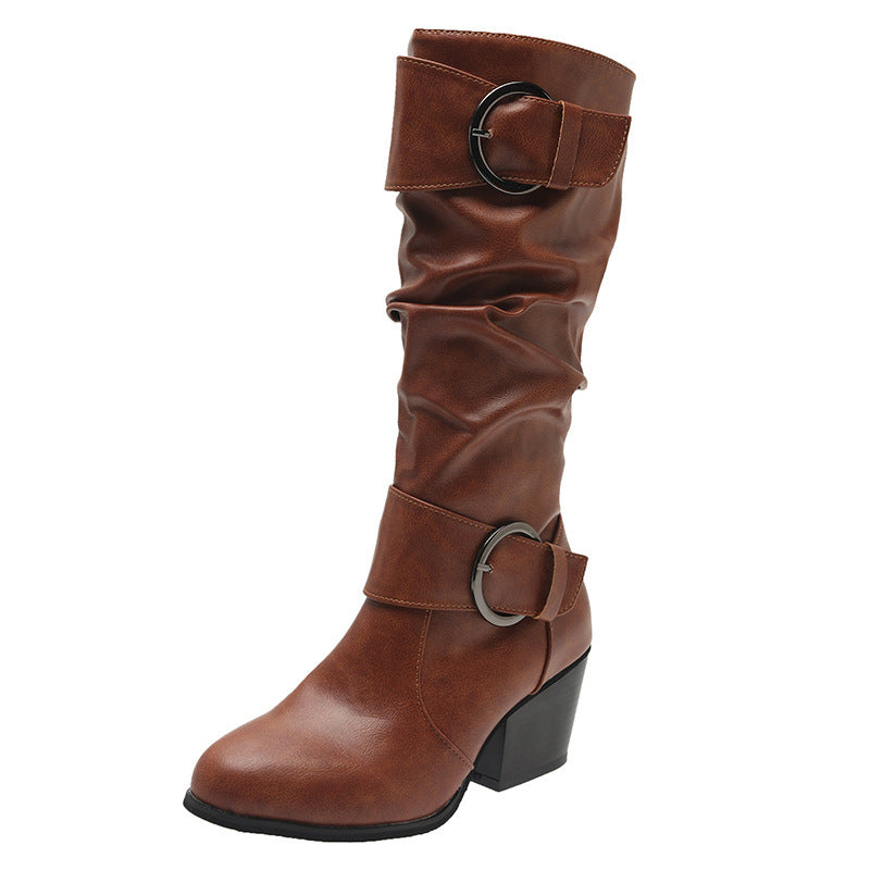 Western Cowboy Boots Women Buckle Chunky Mid Heel Shoes