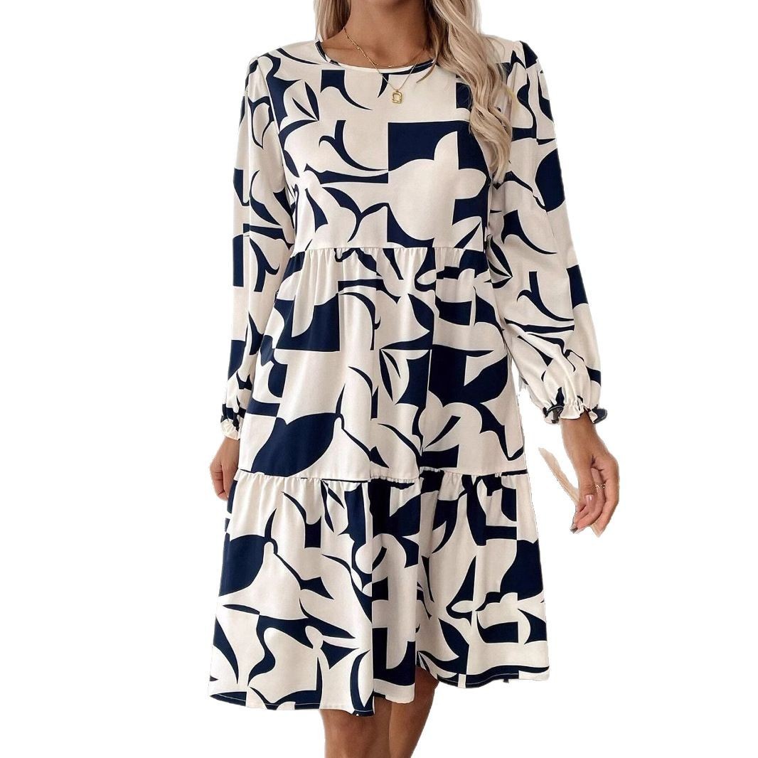 Printed Round Neck Long Sleeve Commuter Dress