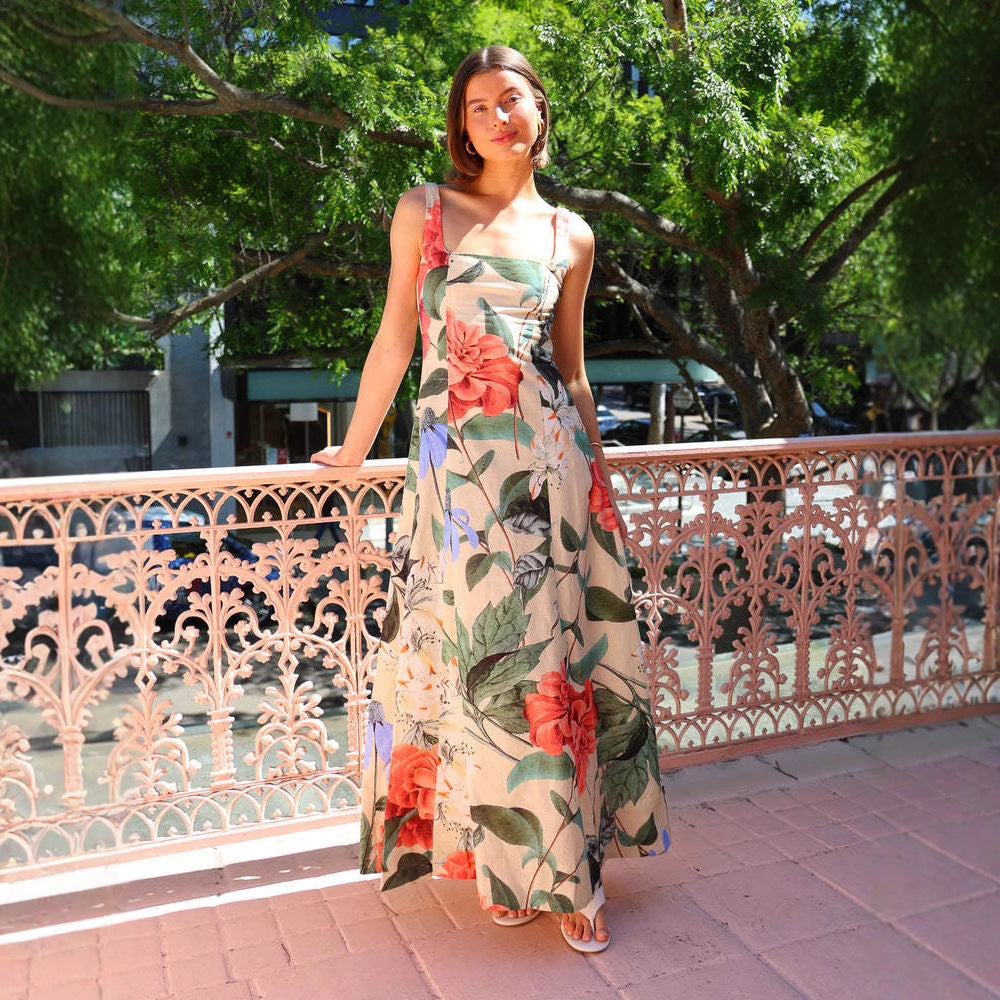 Retro Sleeveless Printed Sling Maxi Dress