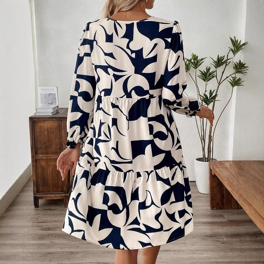 Printed Round Neck Long Sleeve Commuter Dress